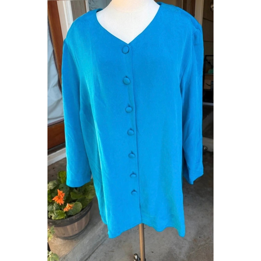 100% Silk Turquoise Blue Longline Blouse Plus Size 20 Covered Button Tunic Top